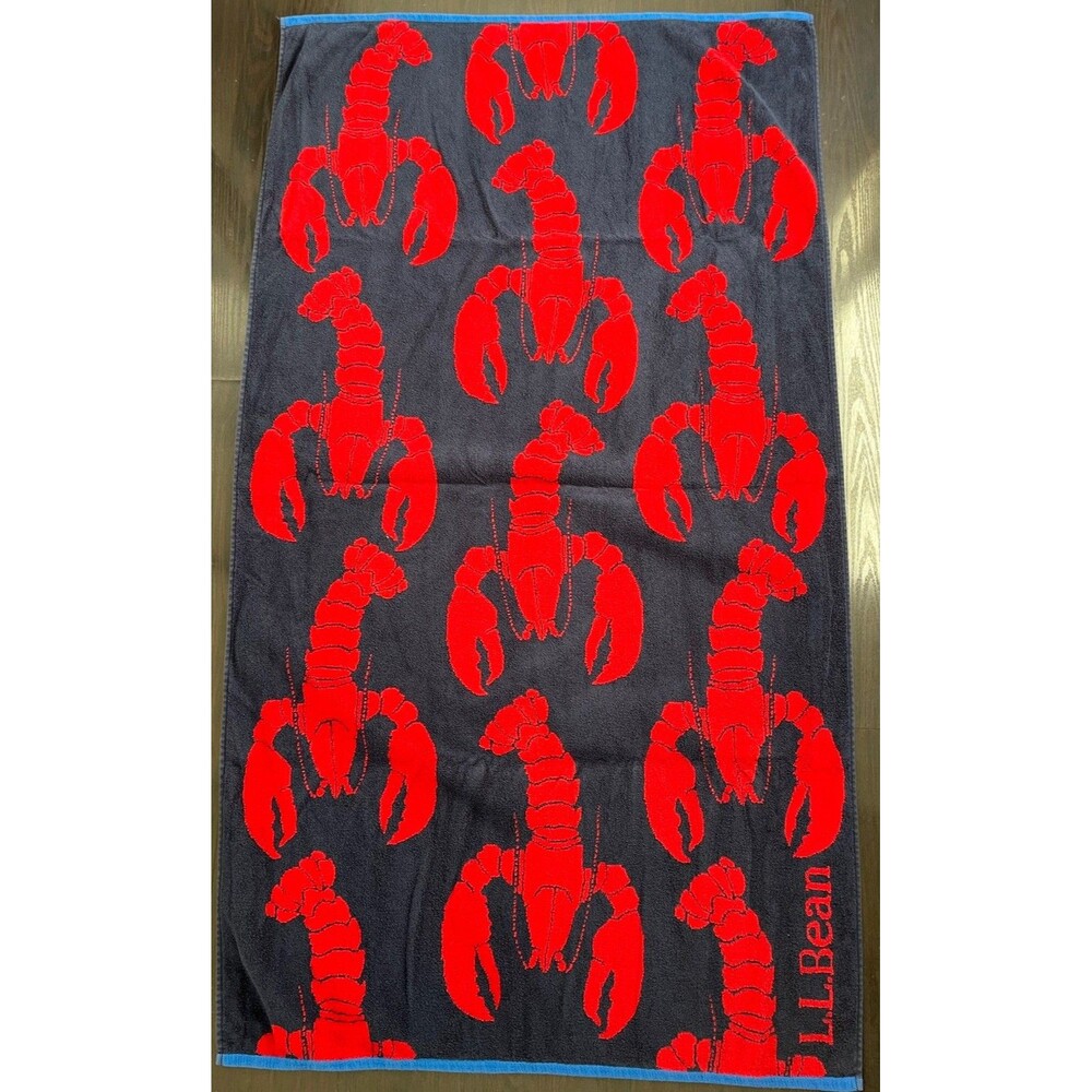 LL Bean Seaside Beach Towel Bath Pool Towel 35x68 Lobster Blue/Red Ocean Large - Picture 5 of 11